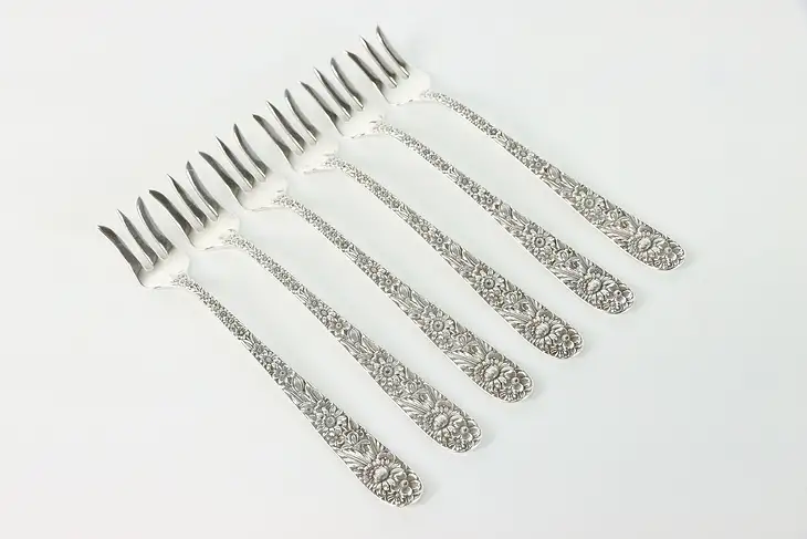 Set of 6 Sterling Kirk and Son Seafood Cake Forks, Repousse Silver, 5.5" #38895