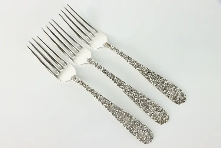 Set of 3 Sterling Kirk and Son Dinner Forks, Repousse Pattern, 8" #38898