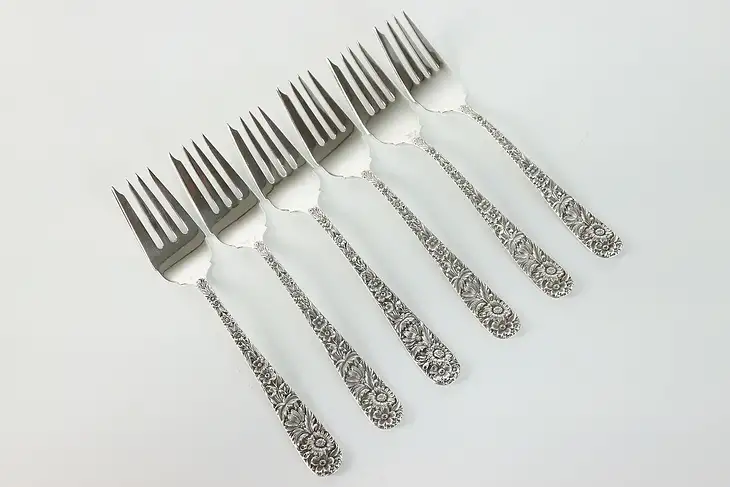 Set of 6 Sterling Kirk and Son Salad Dessert Forks Repousse Silver 6.25" #38901