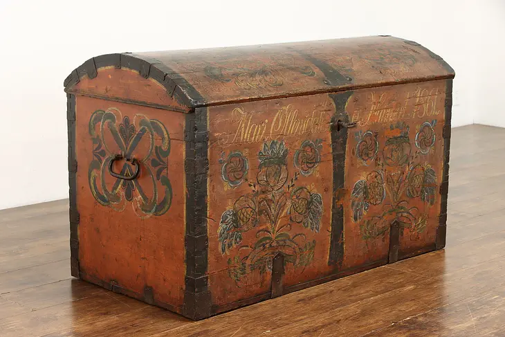 Swedish Immigrant Farmhouse Pine Trunk Hand Painted & Signed 1861 #39060