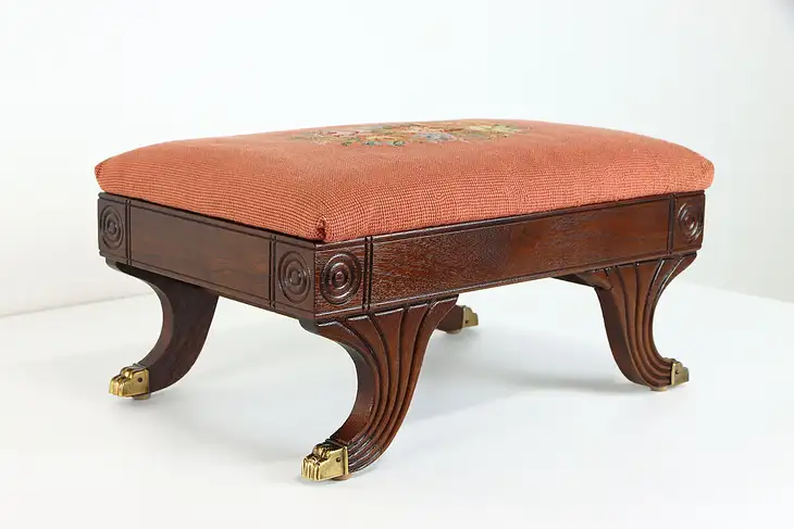 Sheraton Carved Mahogany Antique Needlepoint Footstool, Ferguson #38303