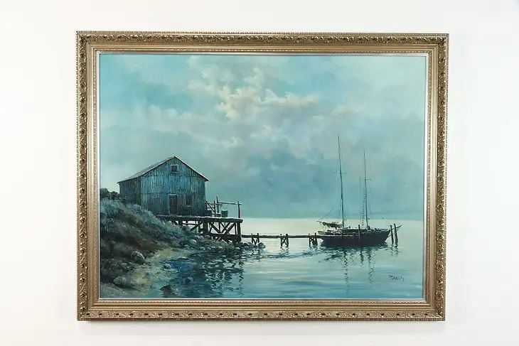 Fishing Shack & Boat Vintage Original Oil Painting, Braun 54.5"  #39151