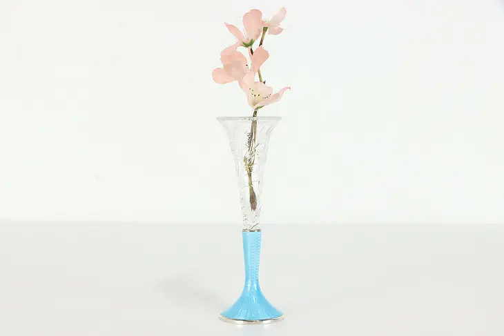 Art Deco Antique Cut Crystal Bud Vase Blue Enamel Sterling Silver Base 6" 39259