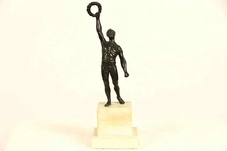 Bronze Sculpture, Olympic Athlete with Laurel Victory Wreath, Marble Base