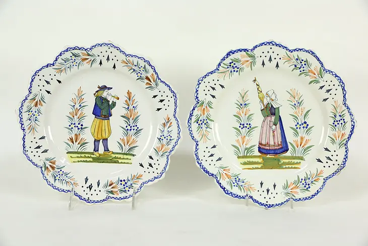 Quimper France Signed Hand Painted Pair of Antique Plates