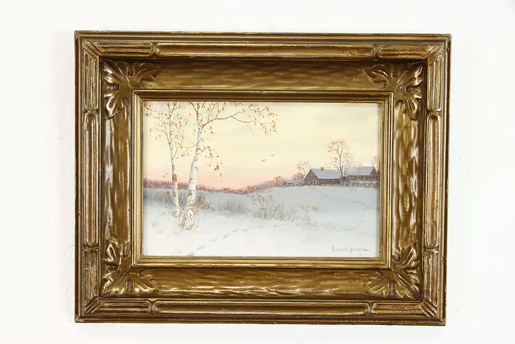 Snow Scene with Farm Original Antique Watercolor Painting, Sether 16.5" #39266