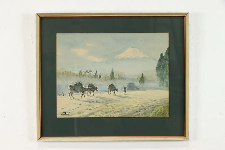 Man Herding Cows, Original Vintage Watercolor Painting, NoBuo, 19" #39271