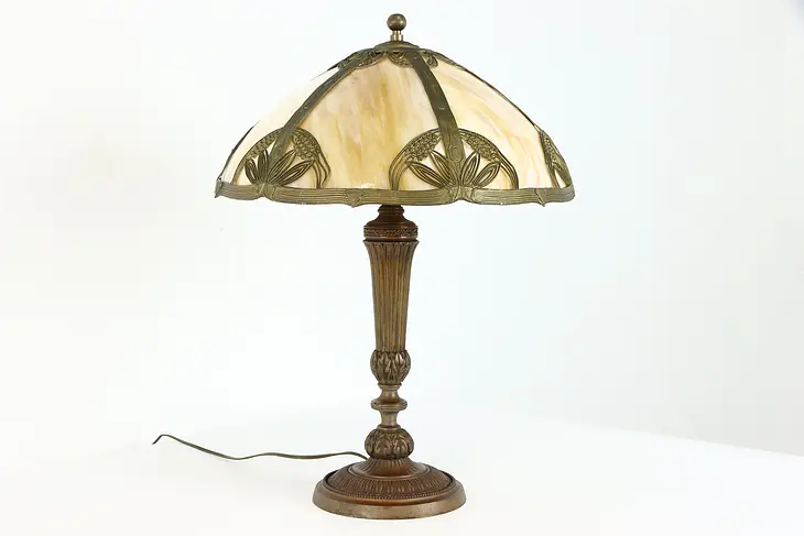 Curved 6 Panel Stained Glass Shade Antique Office or Library Lamp #39278