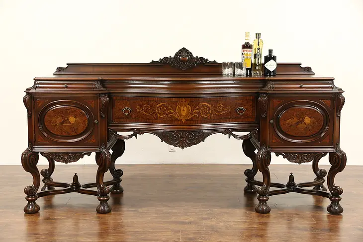 Renaissance 1925 Antique Sideboard, Buffet or Server, Burl & Marquetry, Signed