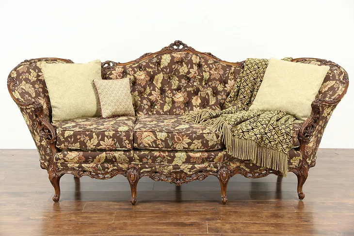 Carved 1940's Vintage Sofa, Pierced Swag & Rose Motifs, New Upholstery