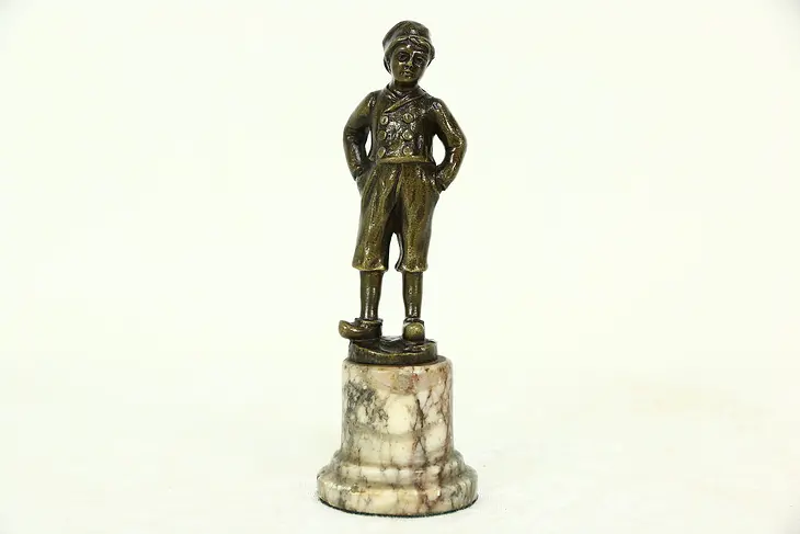 Bronze Antique Sculpture of a Boy wearing Wooden Shoes, Marble Base