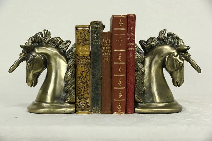 Pair of Vintage Unicorn Bookends, Dark Bronze Metal