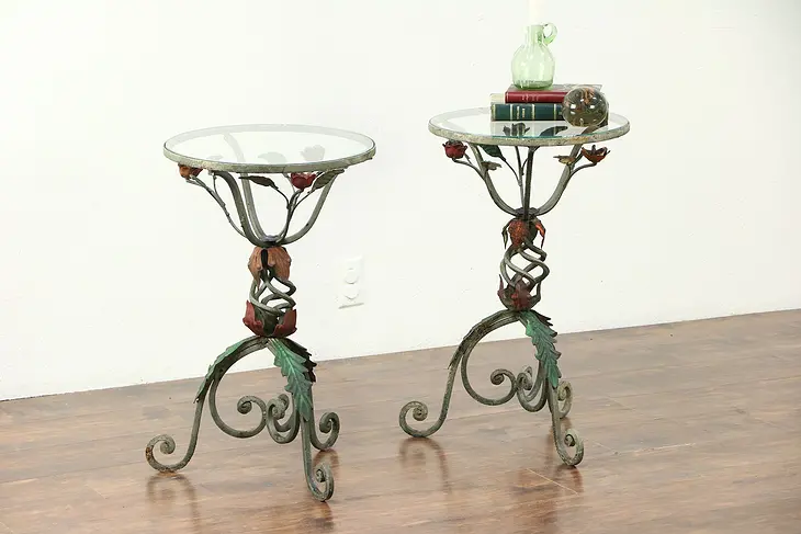 Pair of Antique Hand Painted Wrought Iron End Tables #28673