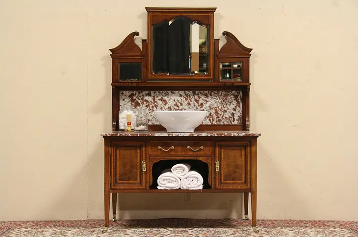 Marble Top 1900 Antique Washstand, Server, Bar or Vessel Sink Vanity