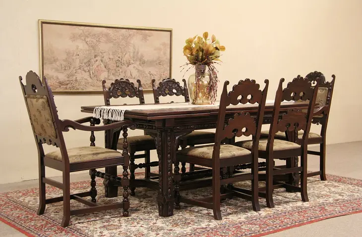 English Tudor 1925 Carved Oak Dining Set, Table & 6 Chairs