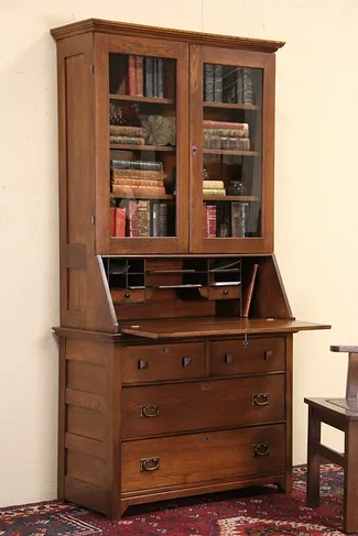 Oak 1900 Antique Secretary Desk & Bookcase, Glass Doors