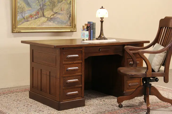 Oak 1900 Antique Raised Panel Desk, File Drawer