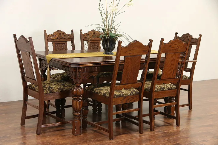 English Tudor 1920 Antique Carved Oak Dining Set, Table & 6 Chairs