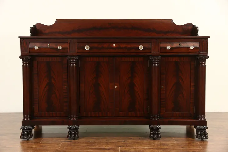 Empire Carved Mahogany 1900 Antique Sideboard, Server or Buffet, Lion Paw Feet