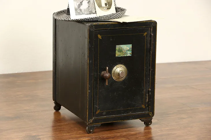Iron Combination 1900 Antique Small Safe, Original Painting, Signed Vulcan