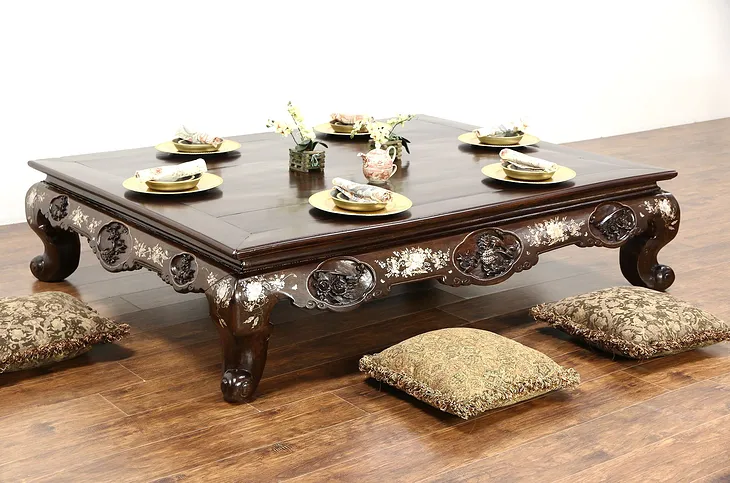 Chinese Rosewood 1860 Antique Low Banquet Dining or Coffee Table, Pearl Inlay