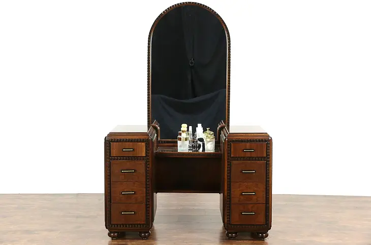 Vanity or Dressing Table, 1935 Vintage Art Deco Walnut & Burl, Jewelry Box