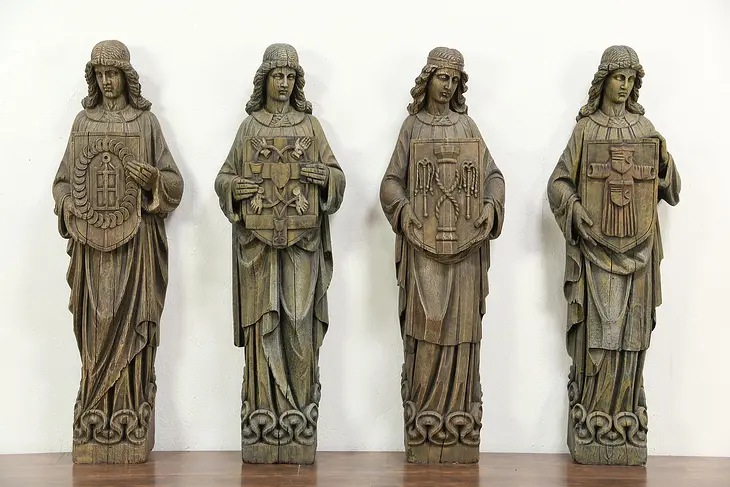 Set of 4 Vintage Statues of Medieval Saints Sculptures with Symbols, 57" Tall