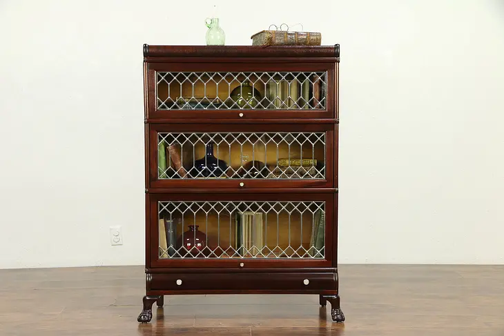 Macey Mahogany Antique 3 Stack Bookcase, Leaded Glass Doors #30098