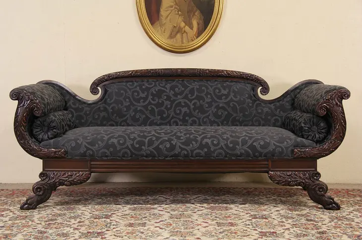 Empire Carved Lion Paw Sofa, 1900 Antique Mayhew Milwaukee