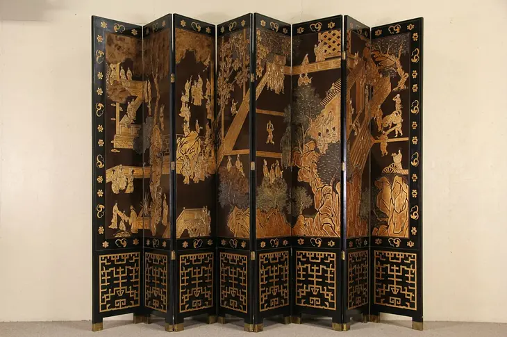 Coromandel 8 Panel Carved Lacquer 12' Wide Chinese Screen
