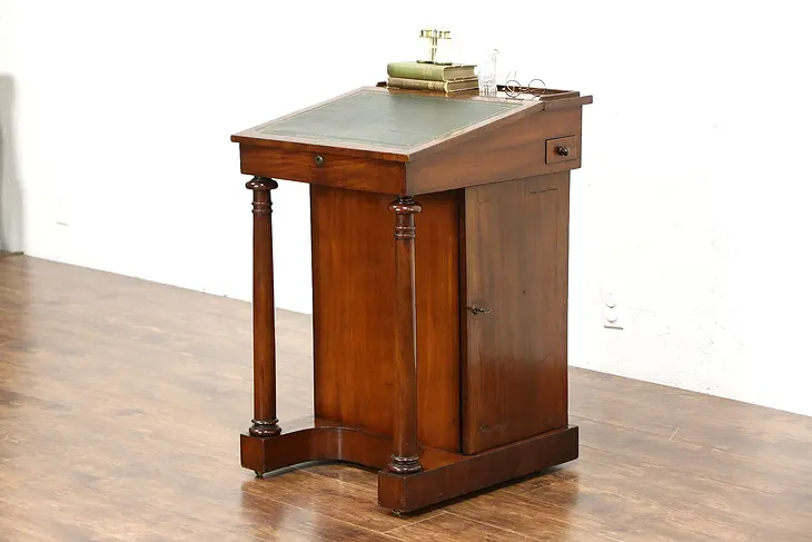 Classical Antique Mahogany Davenport or Ship Captain Desk, Leather Top