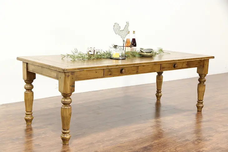 Country Pine Farmhouse Vintage 8' Harvest Dining Table, Two Drawers