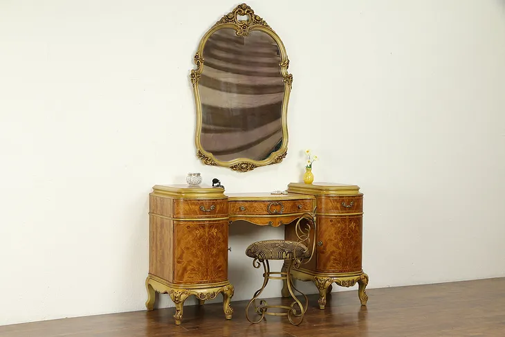 French Style Vintage Satinwood Vanity or Dressing Table & Mirror #31488