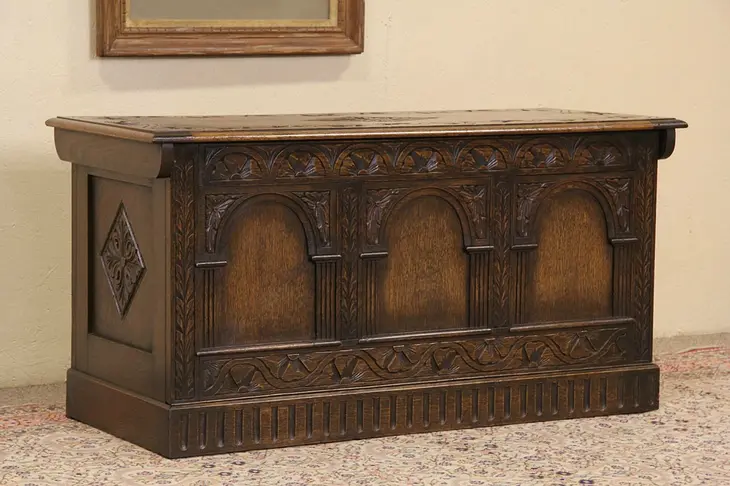 Renaissance Carved Oak 1900 Trunk, Chest or Bench, TV Console
