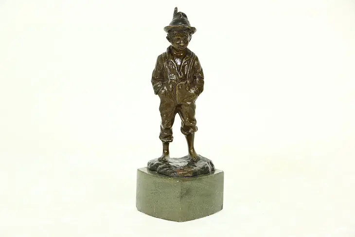 Bronze Antique Sculpture of a Boy with a Feather in his Cap, Marble Base