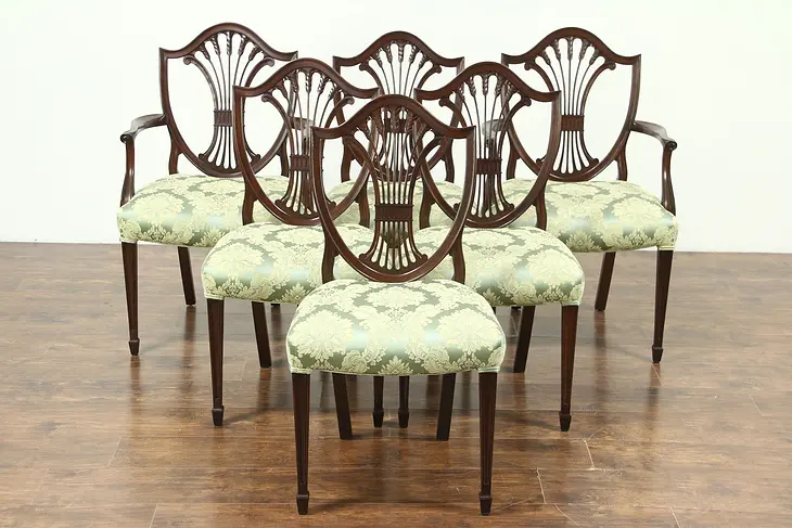 Set of 6 Georgian Design Shield Back Vintage Dining Chairs, New Upholstery