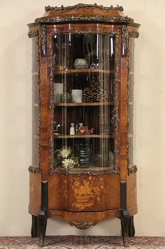 Dutch 1900 Rosewood Marquetry Curved Glass Vitrine Curio Cabinet