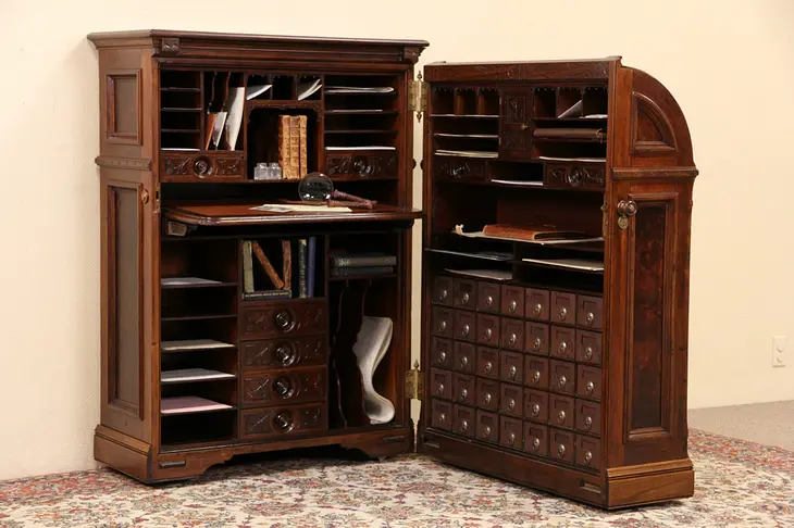 Moore Victorian Antique Quot Office Queen Walnut Cabinet Desk, Pat. 1882
