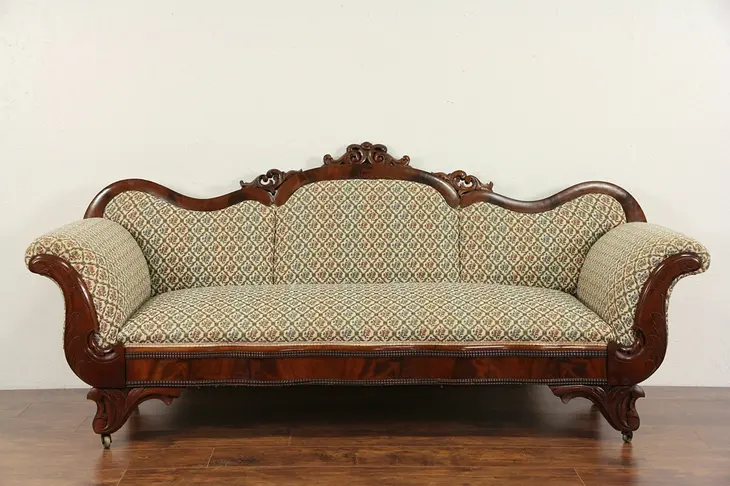 Empire Antique 1840's Mahogany Hand Carved Sofa