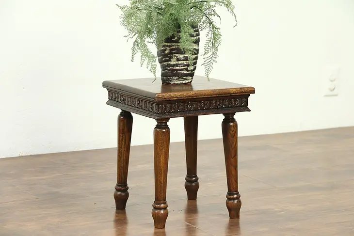 Oak 1890 Antique Chairside Table or Plant Stand, Signed  #28713
