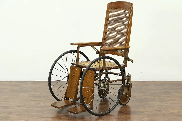 Oak Antique 1920 Wheelchair, Wire Wheels, Adjustable Feet & Back #28716