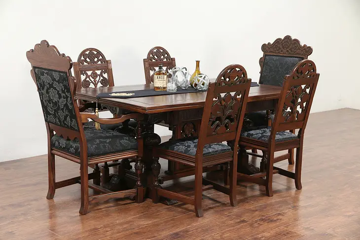English Tudor Oak Dining Set, Table & Leaves, 6 Chairs, New Upholstery #29841