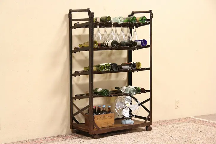 Shoe Factory Rolling Rack Repurposed for Wine Rack