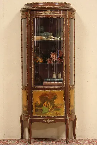 Curved French Curio Display Cabinet, Painted Scenes