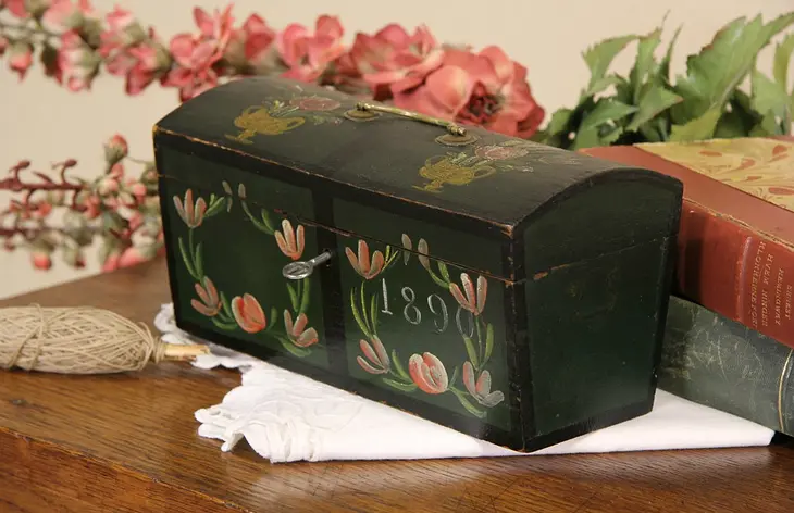 Norwegian Tine Box, Hand Painted Rosemaling Signed 1890