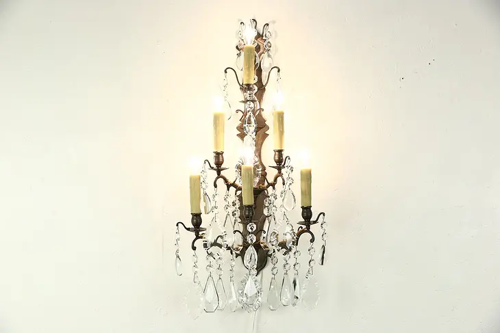 Crystal & Brass 6 Candle 1890's Antique Wall Sconce, Electified Light Fixture