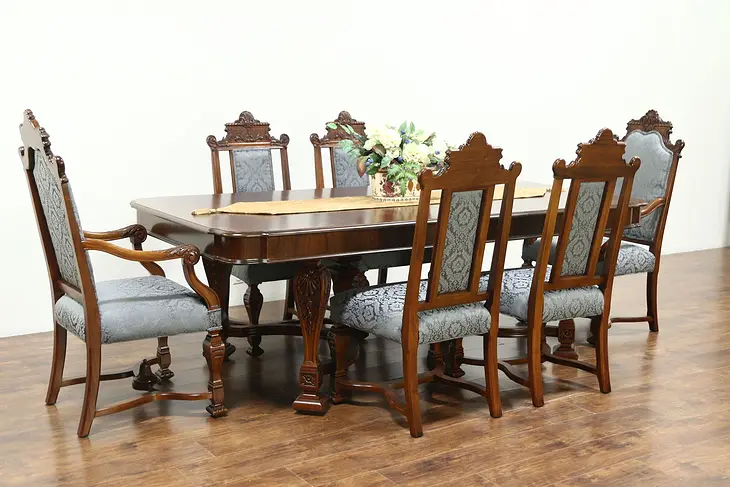 Renaissance Antique Dining Set, Table, 6 Chairs New Fabric Signed Johnson #28826