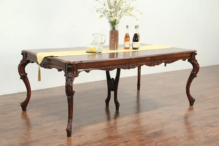 French Style Carved Walnut Vintage Dining Table, 2 Leaves #29176