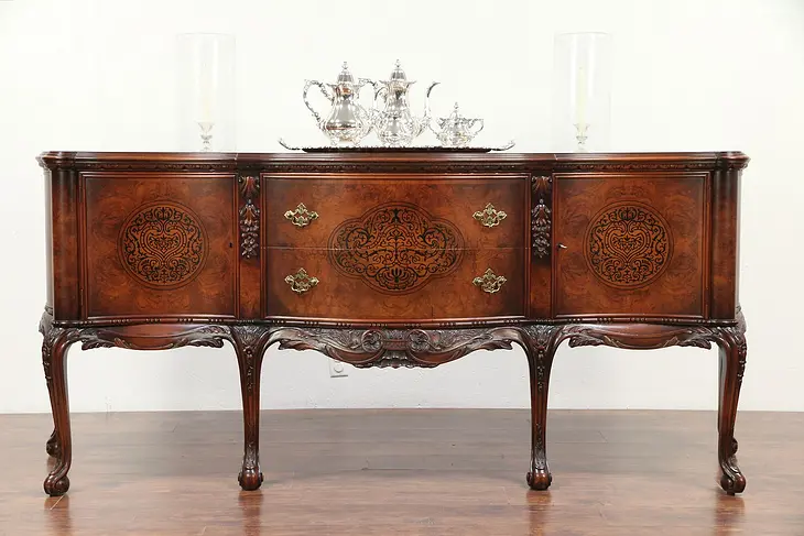 Renaissance Carved Antique Sideboard, Server, Console, Ebony Marquetry  #29407