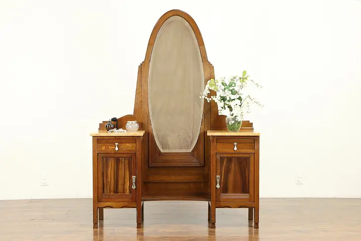 Oak French Art Deco Antique Vanity or Dressing Table, Beveled Mirror #31174